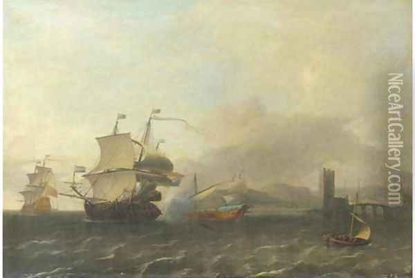 A naval engagement off the coast of a harbour town Oil Painting - Aernout Smit