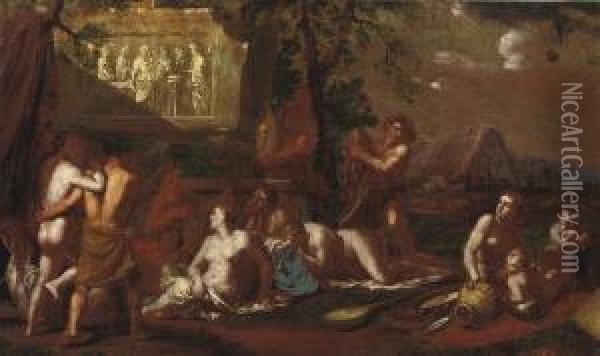 A 'bacchanal' In A Landscape With Ancient Ruins Oil Painting - Johann Heiss