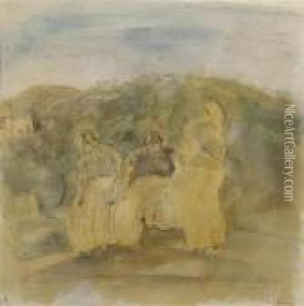 Three Women At The Edge Of The Village. Oil Painting - Jules Pascin