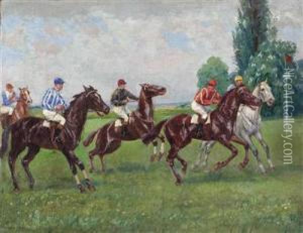 Jockey-pferderennen Oil Painting - Alfred Wesemann
