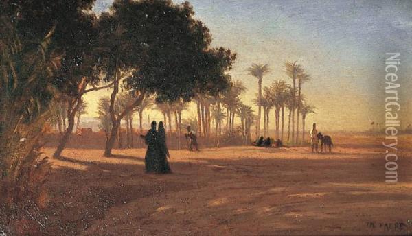 Palmeraie Au Lever Du Soleil Pres Du Caire Oil Painting - Ch. Theodore, Bey Frere