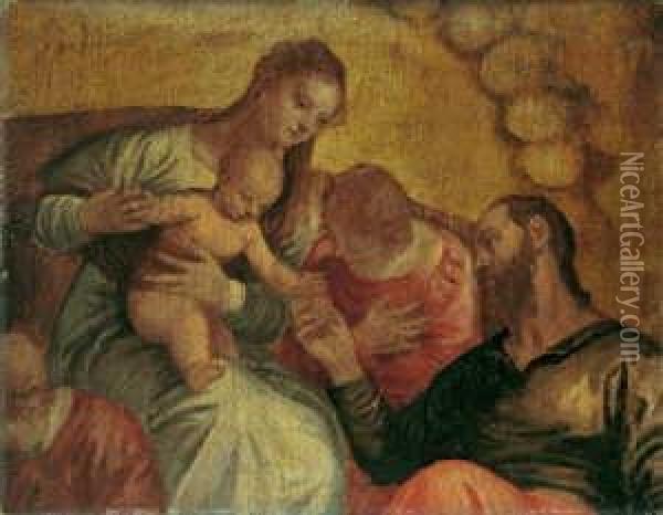 Gen. , Schule Maria Mit Dem 
Kind, Einem Engel Und Einem Heiligen. Ol Auf Leinwand. H 76; B 98 Cm Oil Painting - Jacopo Robusti, II Tintoretto