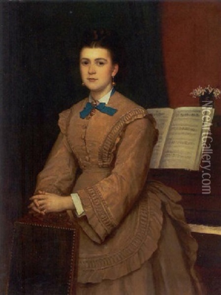 Portraet Af Operasangerinde Lona Gulowsen Staende Ved Klaver Oil Painting - Peter Nicolai Arbo