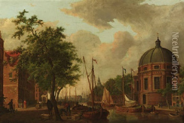 Gracht In Amsterdam Mit Dem 1804 Abgebrannten Haringspakkersthoren (heringspackerturm) Oil Painting - Cornelis de Kruyff