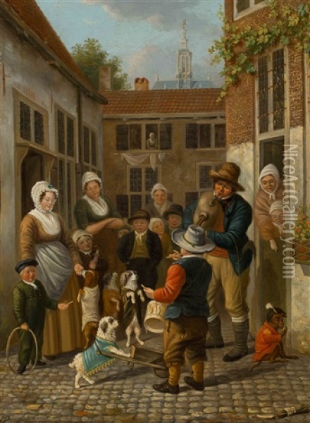 Street Artists And Onlookers On A Courtyard With The Nieuwe Kerk In The Hague In The Background Oil Painting - Pieter Daniel van der Burgh