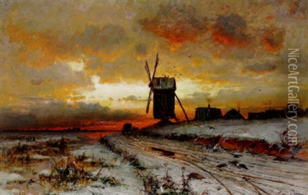 Landliche Szene Mit Windmuhle Und Kate Im Winter Oil Painting - Yuliy Yulevich (Julius) Klever