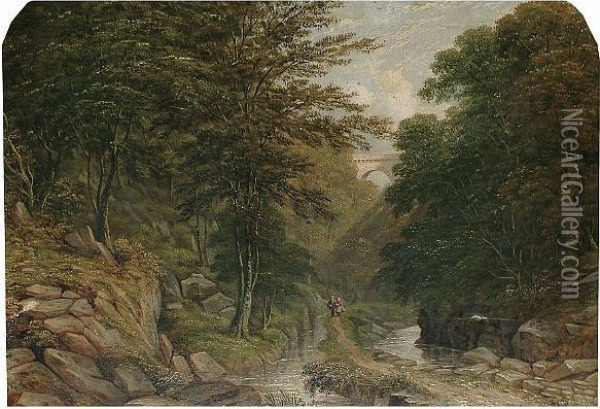 Figures In A River Landscape Oil Painting - James Ferguson