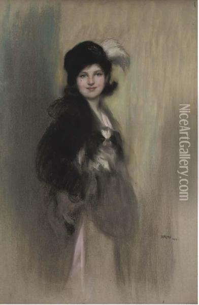 Portrait Of Lady Dorothy Duveen, As A Young Girl, Three-quarter-length, In A Feathered Hat Oil Painting - Artur Lajos Halmi