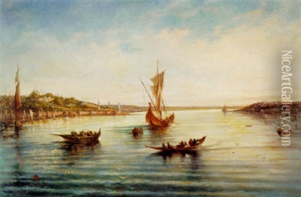 A View Of The Bosphorus With The Old Leandra Tower In The Background Oil Painting - Jean Baptiste Henri Durand-Brager