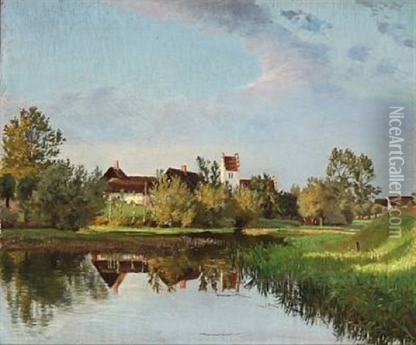 Village Pond At A Church Oil Painting - Olaf Viggo Peter Langer