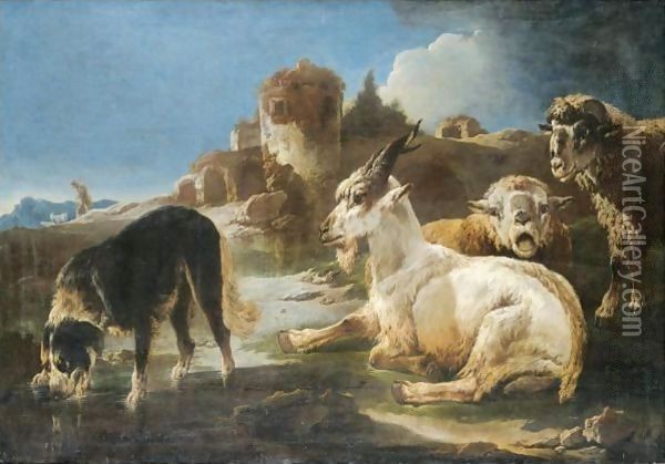 A dog drinking at a pool by sheep and a goat, a shepherd and a ruin beyond Oil Painting - Philipp Peter Roos