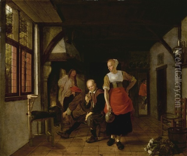An Interior With A Maid Holding A Jug And Three Men Beside A Fire Oil Painting - Ludolf de Jongh