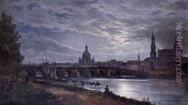 View of Dresden at Full Moon 1839 Oil Painting - Johan Christian Clausen Dahl