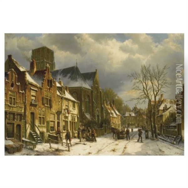 Winter In The Streets Of A Dutch Town Oil Painting - Willem Koekkoek