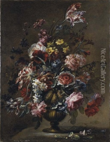 Rose, Tulipani, Campanule E Altri Fiori In Un Vaso Di Metallo Su Un Piano Oil Painting - Mario Nuzzi