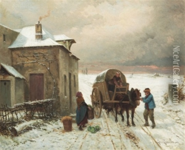 Vinterlandskap Med Figurer Och Vagn Oil Painting - Louis Simon Cabaillot Lassalle