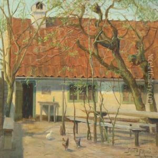 Yard With Chickens Oil Painting - Sigurd Solver Schou