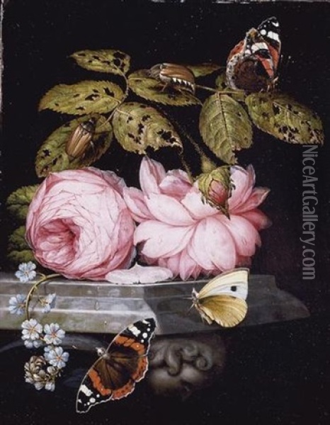 A Still Life With Sprigs Of Guelder-rose And Forget-me-not Resting On A Sculpted Marble Ledge, And Red Admiral Butterflies And A Cabbage White, And Large Bugs Oil Painting - Ottmar Elliger the Elder