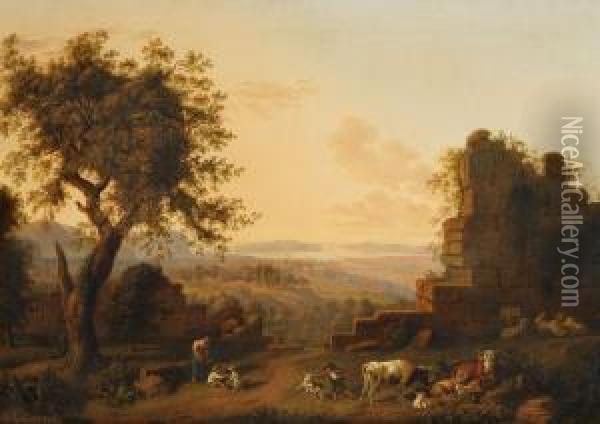 Klassische Landschaft Mit Ruinen Und Tieren Oil Painting - Ludwig Philipp Strack