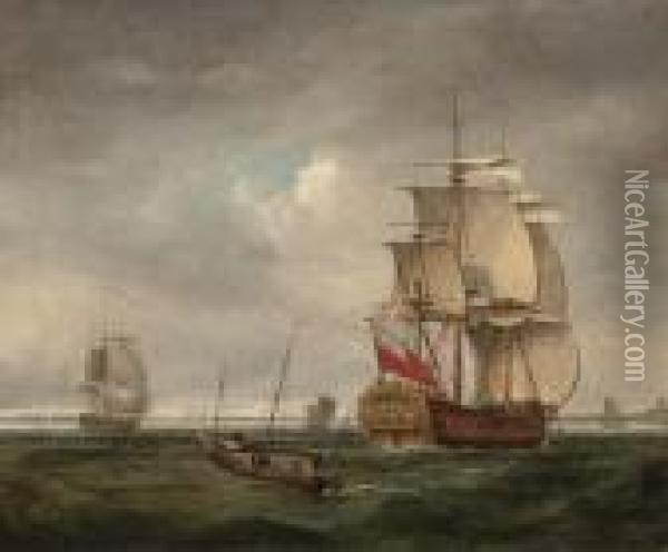 An English Frigate Coming Into Port And Making Ready Toanchor Oil Painting - Peter Monamy