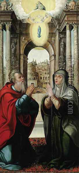 The Meeting of Joachim and Anne at the Golden Gate, with the Immaculate Conception and the Trinity above Oil Painting - School Of Toledo