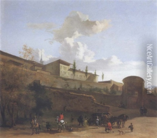Figures And Animals At The Gate Of An Italian Hill Town Oil Painting - Frederick De Moucheron