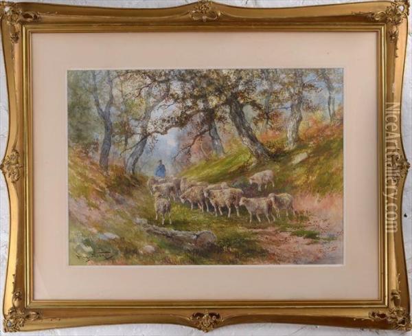 Landscape Withshepherd And Flock Of Sheep Oil Painting - Hugo Anton Fisher