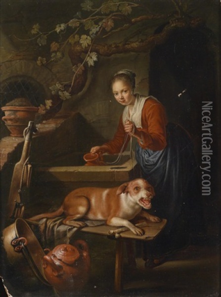 Madchen Am Brunnen Mit Hund Oil Painting - Gerrit Dou