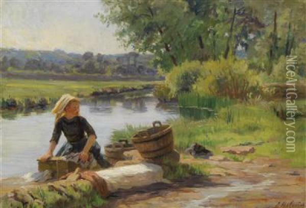 Washer-woman At The River Oil Painting - Emma Herland