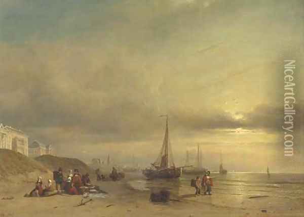 Sunset over the beach of Scheveningen, with the Badhuis and the Paviljoen von Wied in the foreground Oil Painting - Petrus Paulus Schiedges