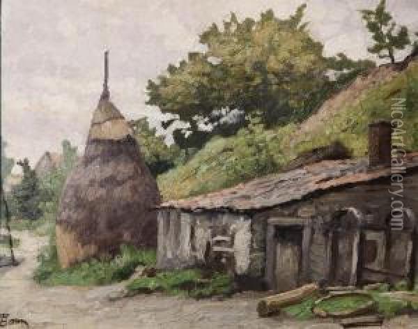 Landscape With Farmhouse And Haystack. Oil Painting - Theodore Baron