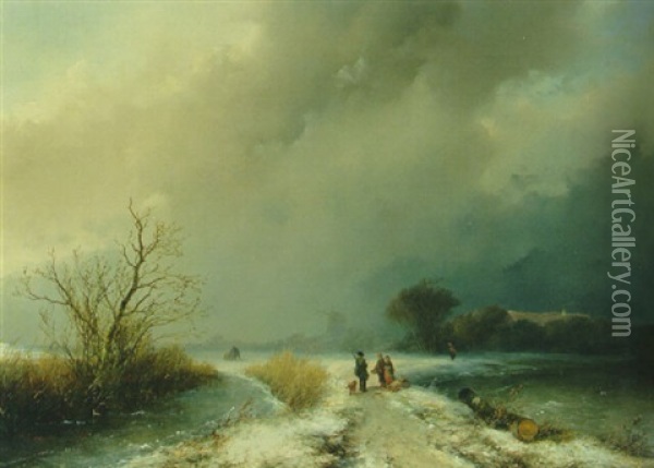 A Sportsman And Woodgatherers On A Snowy Track In A Winter Landscape Oil Painting - Johannes Franciscus Hoppenbrouwers
