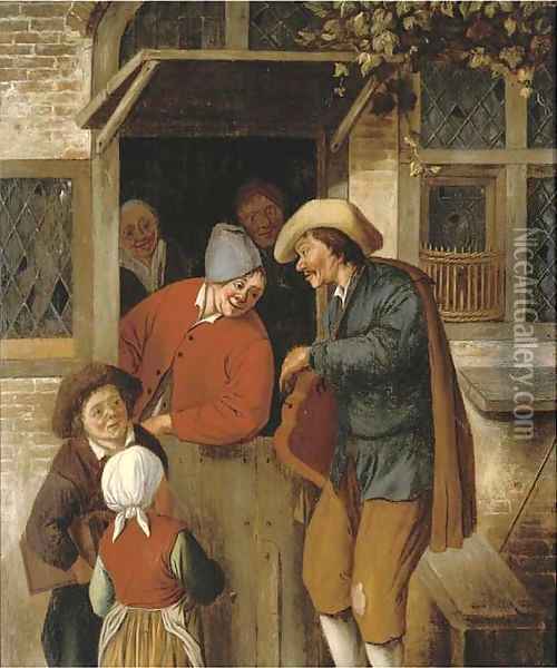 A peddlar at a doorway Oil Painting - Cornelis Dusart