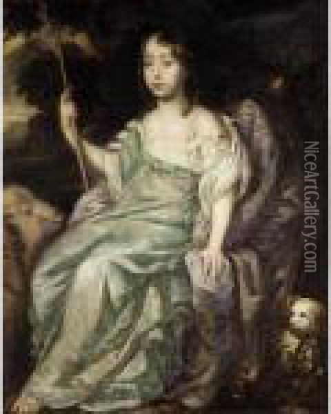 Portrait Of A Girl Holding An Houette, Sheep And A Small Dog Beside Oil Painting - Sir Peter Lely