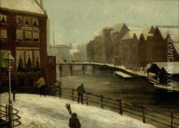 View Of The Amstel River With To The Right The Present Hotel De L'europe Oil Painting - Oene Romkes De Jongh