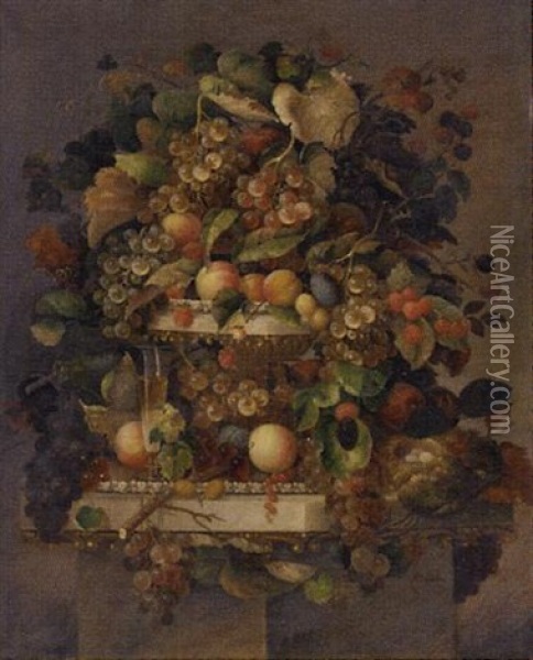 Still Life With Fruit, Champagne Flute And Bird's Nest On A Marble Ledge Oil Painting - Carl Baum