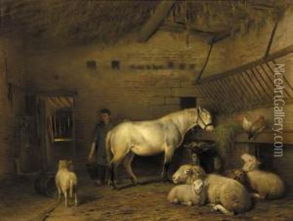A Groom Tending A Horse In A Barn Oil Painting - Frans Lebret