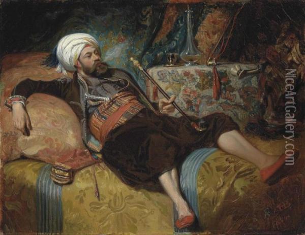 A Reclining Turk Smoking A Hookah Oil Painting - Henri Baron