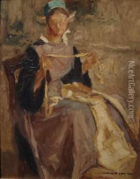 Jeune Femme Filant-jeune Femme En Robe Verte Oil Painting - Auguste Leroux