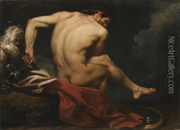 A Naked Warrior, Seated On A Rock Beside His Shield And Plumed Helmet Oil Painting - Jean-Germain Drouais
