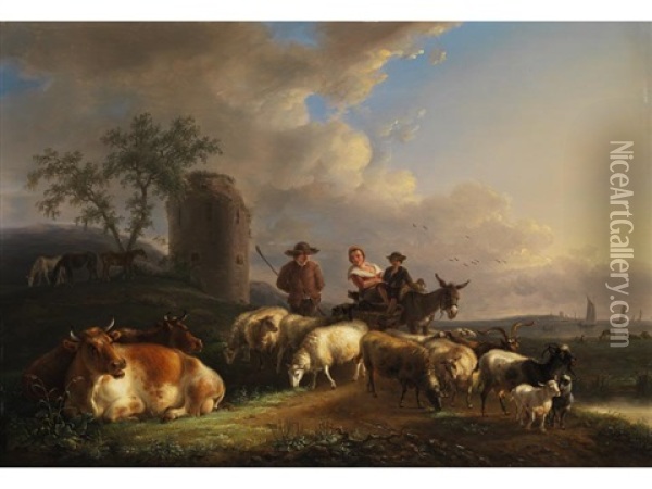 Schaferszene In Italienisierender Ideallandschaft Mit Blick Auf Die Kuste Oil Painting - Jean-Baptiste De Roy