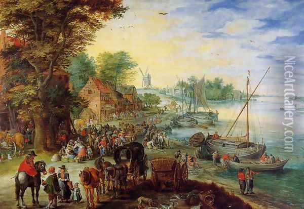 Fish Market on the Banks of the River Oil Painting - Jan The Elder Brueghel