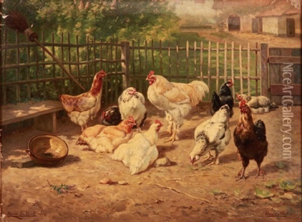 Chickens In A Fenced Barnyard Oil Painting - Henri De Beul