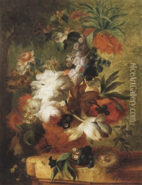 A Vase Of Flowers Including Roses Primoses Tulips And Apple Blossom On A Pedestal With A Birds Nest Containing Brown Oil Painting - Jan Van Huysum