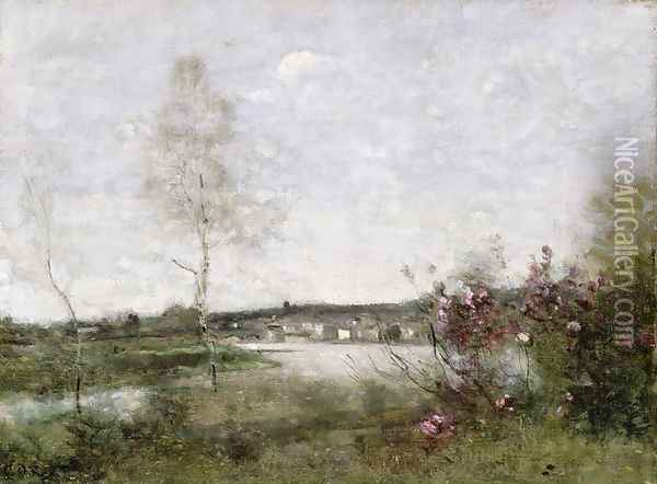 Distant View of Corbeil, Morning, c.1870 Oil Painting - Jean-Baptiste-Camille Corot