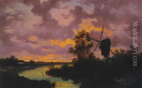 Abendliche Fluslandschaft Mit Windmuhle Oil Painting - Adolf Chwala