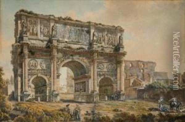L'arc De Titus, Le Colisee A L'arriere-plan, A Rome Oil Painting - Louis Francois Cassas