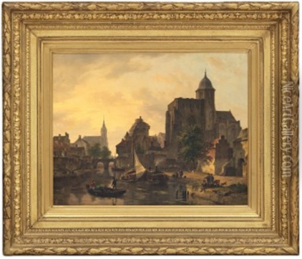 Stadsmotiv Med Kanal Och Katedral Oil Painting - Bartholomeus Johannes Van Hove