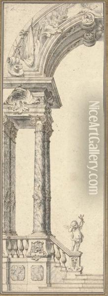 Design For A Half-arch With Composite Columns And A Statue Of Cupidholding Arrowheads Oil Painting - Ferdinando Galli Bibiena