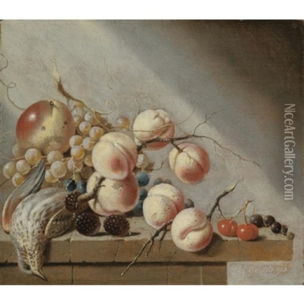 Still Life Of Peaches, An Apple, Grapes, Blackberries, Cherries And Blackcurrants, Together With A Bird, All On A Stone Ledge Oil Painting - Harmen Steenwyck